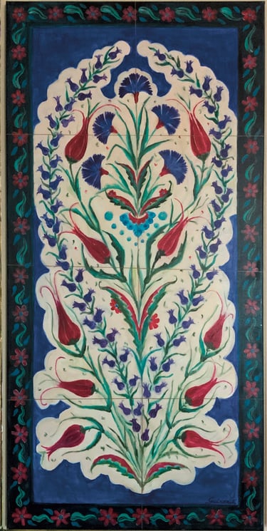 Traditional Ottoman design depicting red tulips and blue pomegranates on white and blue background 
