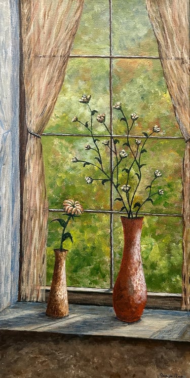 Together on the Sill, 2024, Acrylic on canvas, 20 x 10 x 5/8 inches  $330  SOLD