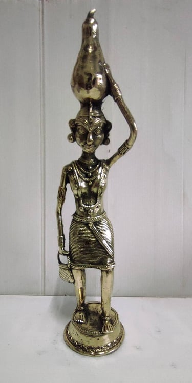 "Tribal Woman with Tumba-Brass Handcrafted Art-Front View-for worldwide trade"