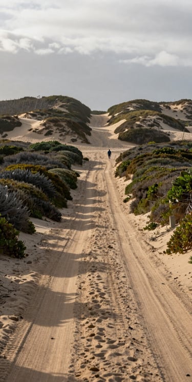 Overcast coastal morning, a narrow sandy road flanked by low native vegetation leading toward the dune ridge at Pipa, worn tire tracks visible in the sand, a local resident on foot in the middle distance, muted natural light, wide environmental framing showing the road's relationship to the dune landscape