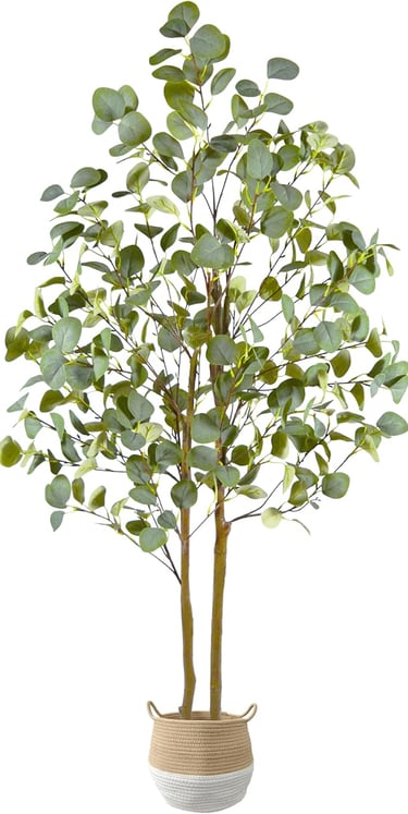 Artificial Eucalyptus Plant in Woven Basket – Bohemian Greenery for Living Room, Faux Potted Plant 
