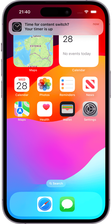 IPomodoro timer finished view portrait, top notification