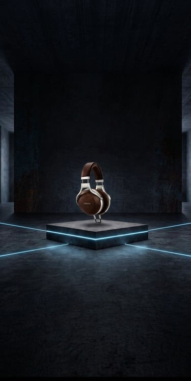 Casque hi-fi Denon AH-D5200 avec coques en bois de zebrano premium sur un piédestal dans un décor de luxe