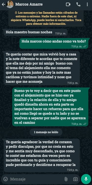 Conversacion real por WhatsApp sobre trabajo espirutal para recuperar a la pareja 