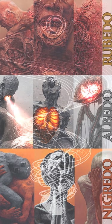 Collage of artwork fragments arranged in three groups representing Nigredo, Albedo, and Rubedo