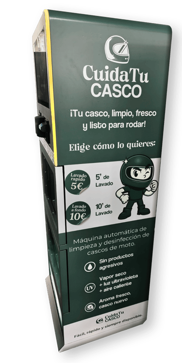 Máquina automática CuidaTuCasco para limpieza de cascos de moto con vapor, aroma y luz ultravioleta.