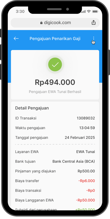 Tampilan aplikasi Flexpay ketika penarikan gaji berhasil
