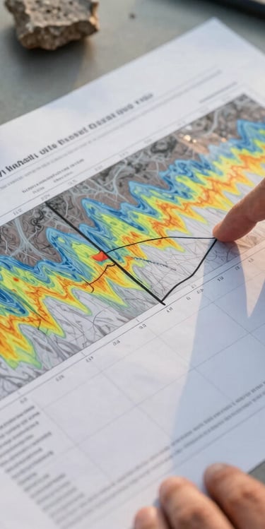 Close-up overhead view of a borehole log printout and subsurface resistivity cross-section map spread flat on a field table, a geophysicist's hand pointing to a data anomaly line, golden-hour field lighting, geological core samples visible at the edge of the frame