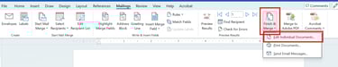 screenshot of Mailings ribbon with the Edit Individual Documents button selected