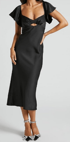 black calf length dress with cutout on stomach