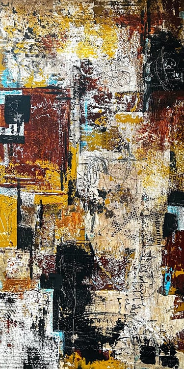 Mixed media collage Neo-expressionism art. Neo-expressionist Laurence Moracchini. Texture and nature