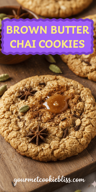 A close-up of a chewy oatmeal cookie with brown butter and chai spices, topped with a drizzlle