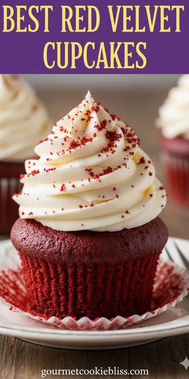 A close-up, mouth-watering shot of a single bright red velvet cupcake, perfectly crowned.