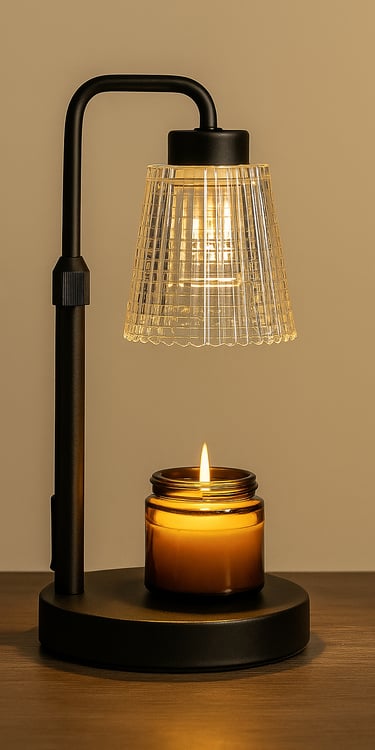 Black lamp with candle warmer and glass shade on a wood table