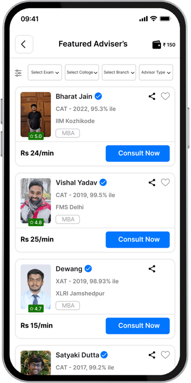 A mobile app interface displaying a list of featured MBA advisors on e-Salahkaar. The screen shows v