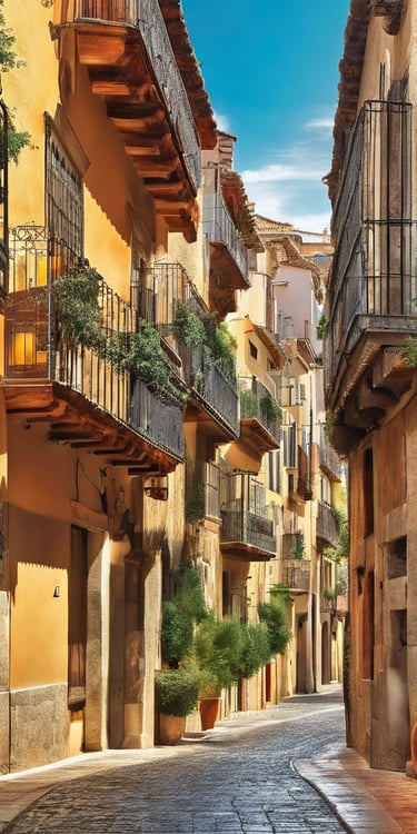 a narrow street with a cobblestone street and a few potted plants