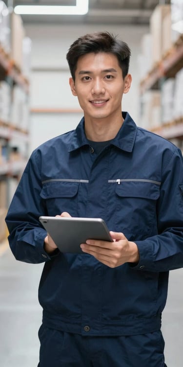 A professional logistics manager in a navy blue uniform holding a tablet in a bright, modern warehouse setting, high-key lighting, business professional mood.