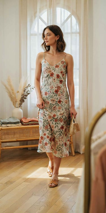 A woman wearing a sage green floral linen slip dress with thin straps