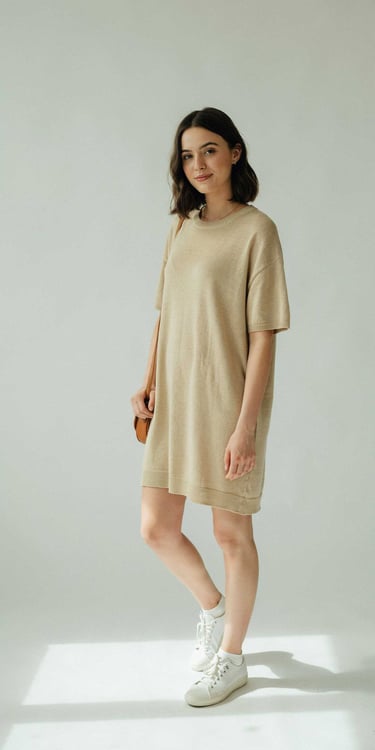 A woman wearing a beige short-sleeve knit t-shirt dress and white sneakers against a white background.
