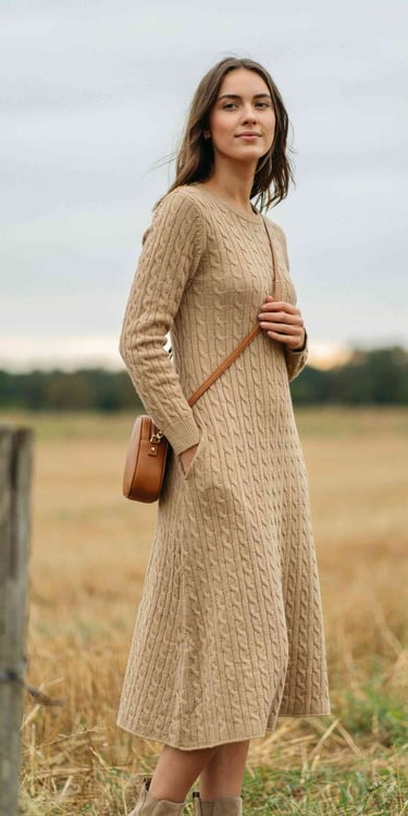Woman wearing a tan cable knit sweater dress with a brown crossbody bag in a field.