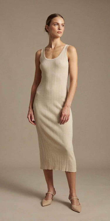 Woman wearing a beige ribbed midi tank dress with matching pointed-toe slingback heels.
