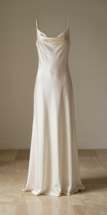 Elegant ivory silk slip wedding dress with a cowl neckline and floor-length satin skirt.