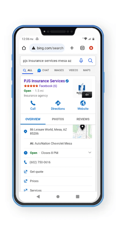Search for PJS Insurance Services in Mesa & Gilbert, AZ on Bing maps.