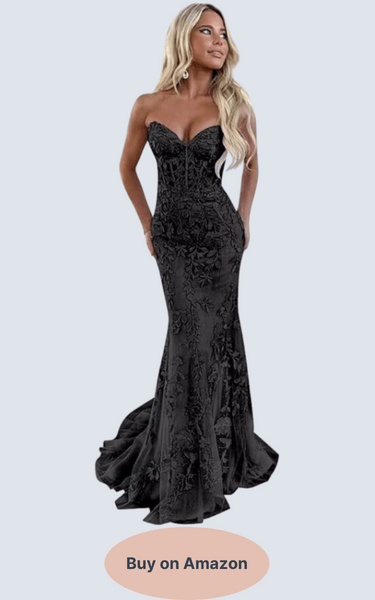 Tulle Lace Appliques Prom Dress Long Mermaid Ball Gown Black