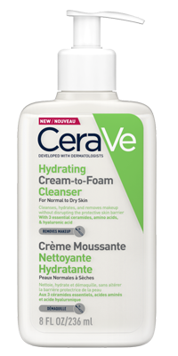 CeraVe Hydrating Cream-to-Foam Cleanser for normal to dry skin in a white pump bottle.