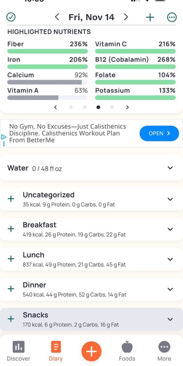 Cronometer app daily nutrition log showing tracked protein, calcium, and water intake