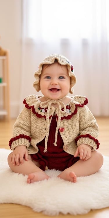 Smiling baby girl wearing a handmade crochet beige cardigan and matching ruffle bonnet on a white rug.