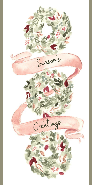 Watercolor Christmas card with three festive wreaths and pink ribbons. 