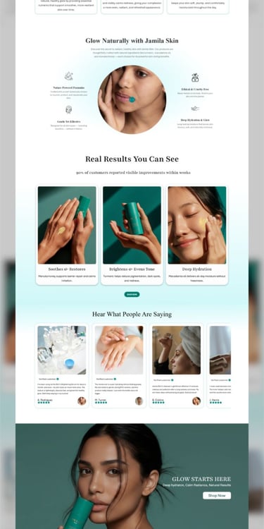Jamila Skin care website showcasing organic facial products, honey-based treatments, and customer testimonials for glowing