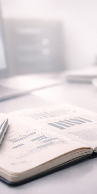 Carnet ouvert avec graphiques et stylo, ordinateur en arrière-plan — pilotage quotidien des KPI (ADR, OCC, RevPAR).