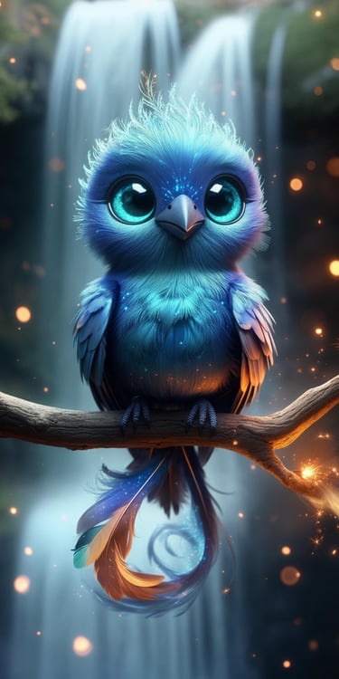 Blue glowing bird perched on a branch near waterfalls.