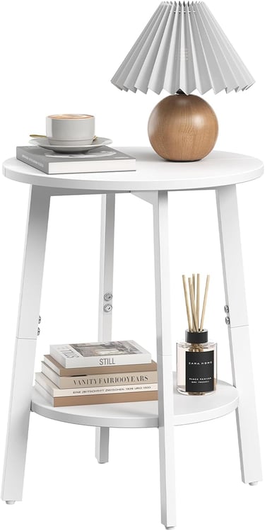 Side Table, Small Round End Table with Storage Shelf for Small Space, 2-Tier Bedside Table Sofa Couc