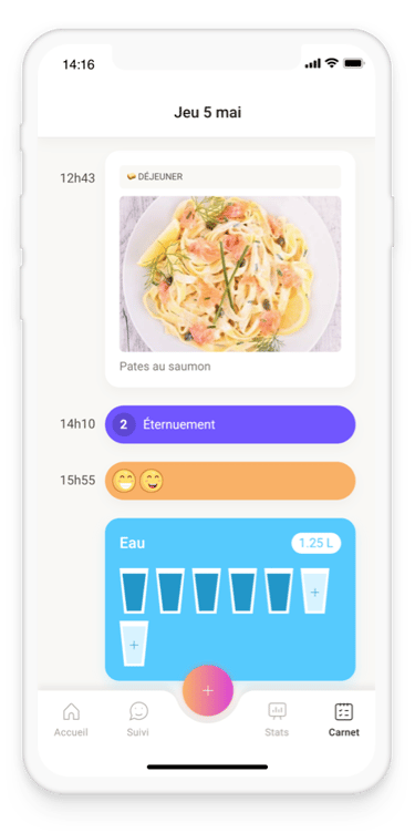 Visuel montrant l'application Alivio : onglet journal alimentaire.