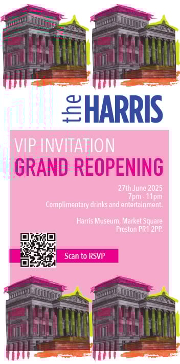 VIP invitation design for Harris Museum grand reopening with QR code RSVP