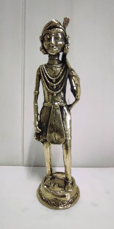 "Handcrafted Brass Tribal Man with Axe on Shoulder–Front View-Going abroad"