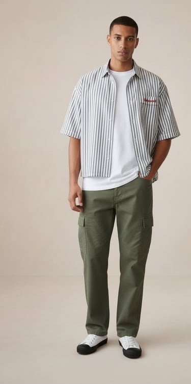 CAMISA MANGA CORTA HOMBRE CORTE BOXY FIT RAYAS VERTICALES NEGRO Y BLANCO ESTILO URBANO