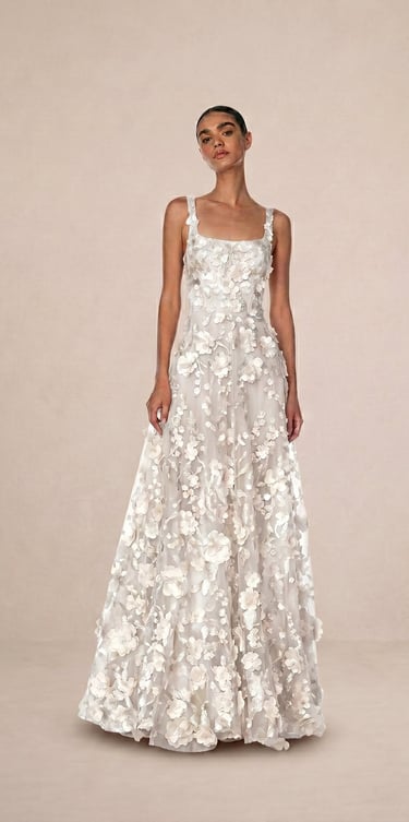 vestido de gala largo con apliques de flores 3d color blanco puro para mujer