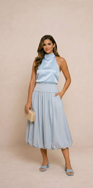 Falda midi burbuja de popelina azul grisáseo streamgirl para mujer