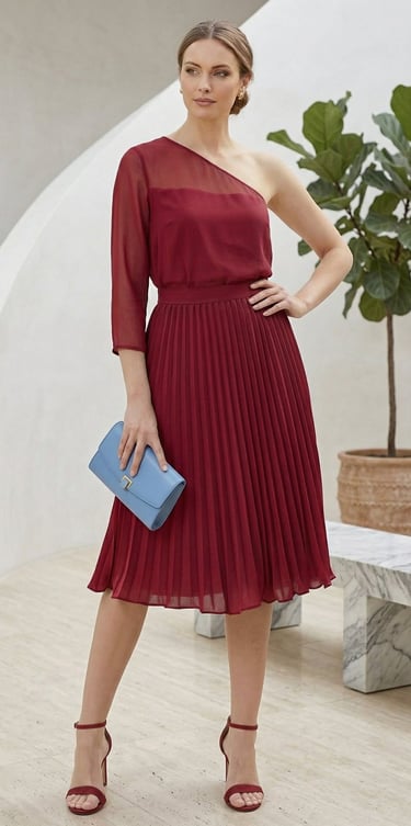  Falda midi plisada · Rojo borgoña · Cintura alta · Estilo cóctel