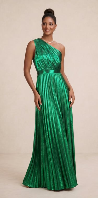 vestido asimetrico con el color verde metalico para damas