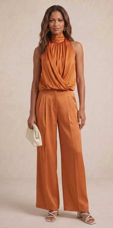 blusa satinada de cuello alto con drapeado cruzado frontal color naranja terracota para mujer