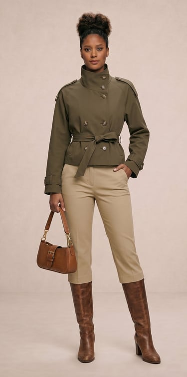 gabardina corta cruzada abotonada con cinturon amarrado color verde militar dama