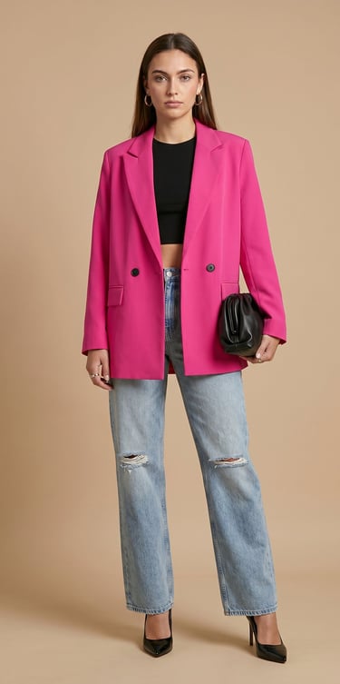 blazer cruzado de silueta oversize con botones oscuros y bolsillos de solapa color rosa fucsia para 