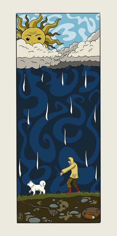 a man walking in the rain with a dog