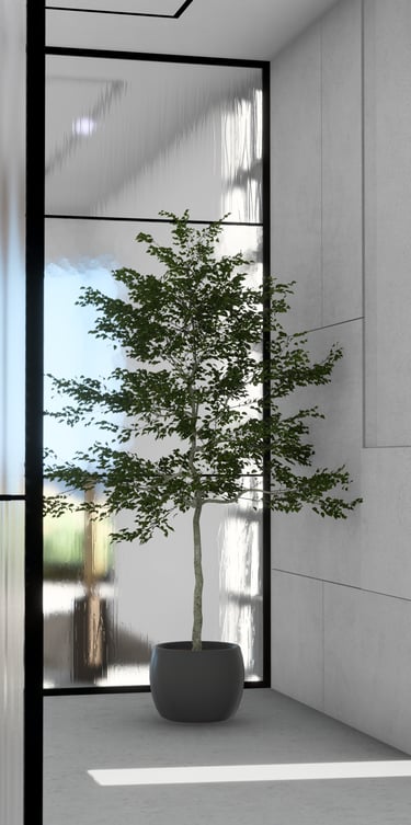 Double height window with indoor tree
