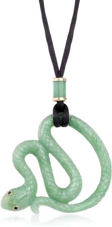 Jade Snake Pendant Necklace in 14kt Yellow Gold, Jade and Sapphire on Black Satin Cord